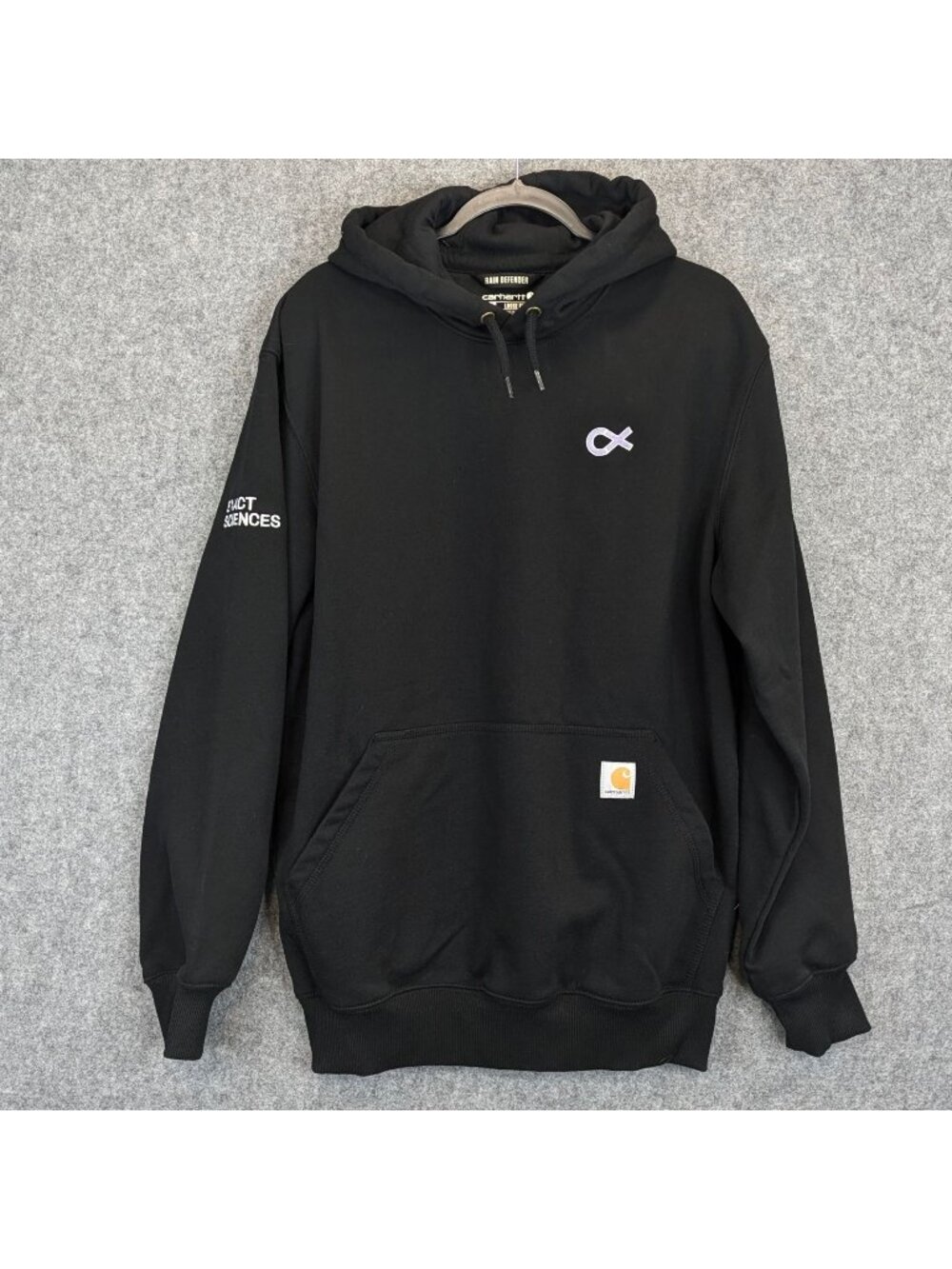 Carhartt Mens Medium Rain Defender Loose Fit Black Hoodie w Exact Sciences Logo - Picture 1 of 9
